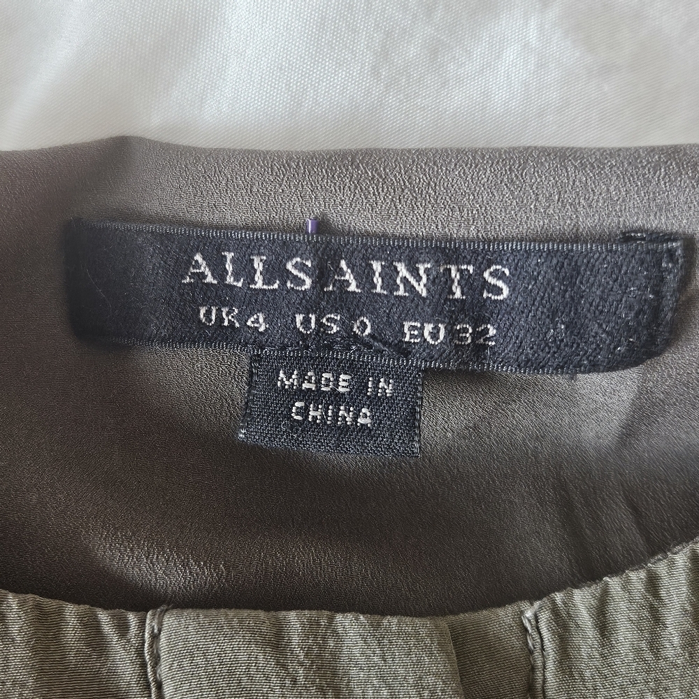 ALLSAINTS Olive Green Roka Dress SZ 0 Short Sleeve Shift Silk Blend Asymmetrical - Picture 5 of 9